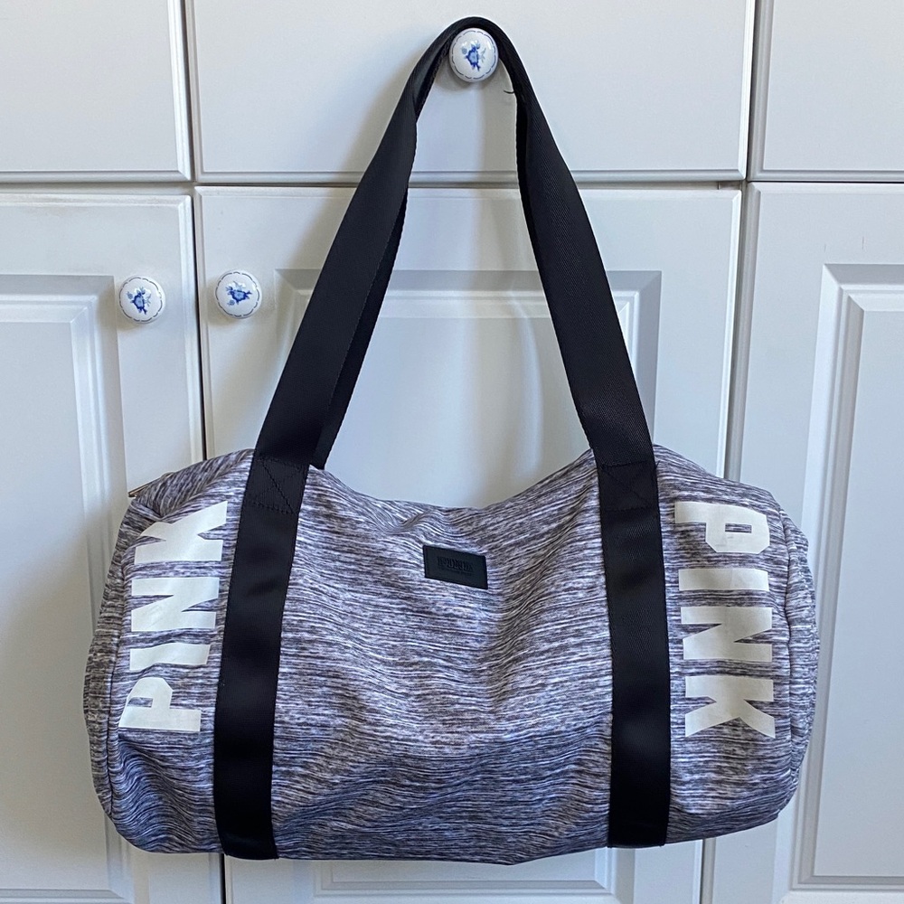 PINK Victoria's Secret Gray Heather Logo Duffel Bag with Black Straps